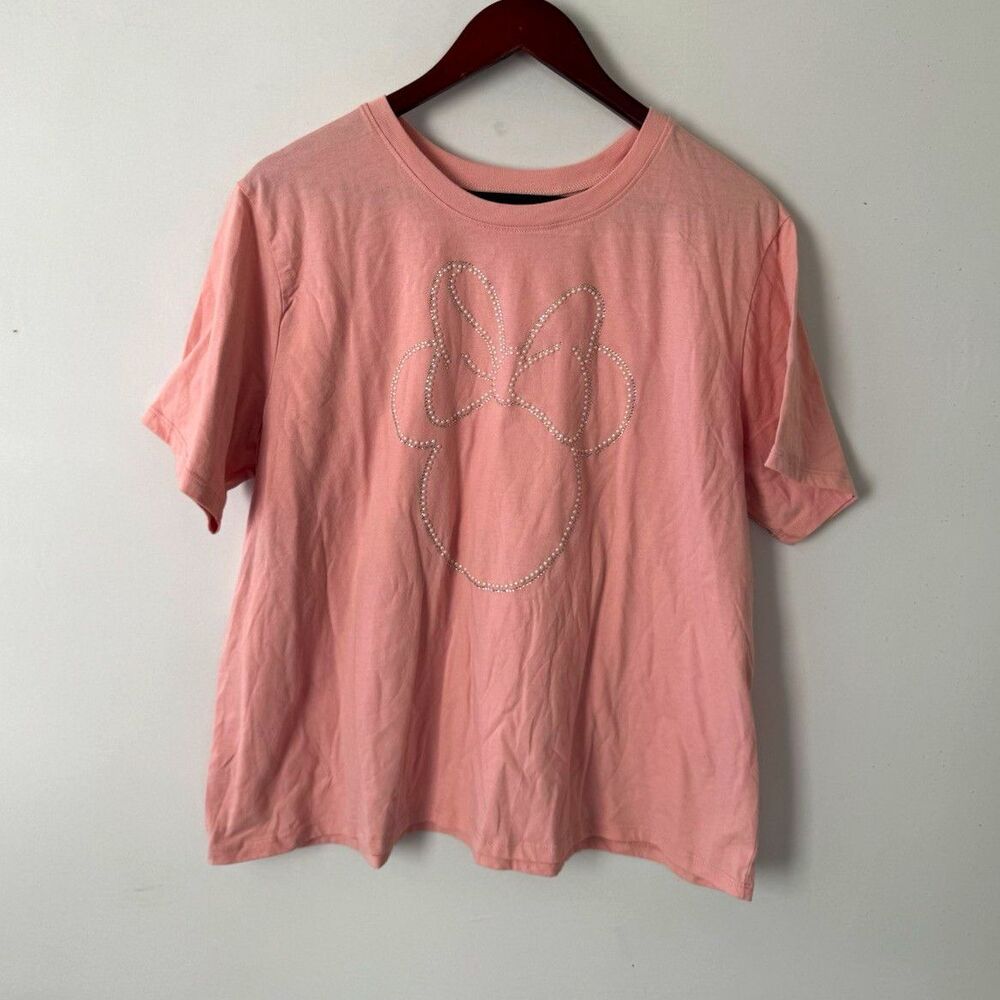 Disney Minnie Mouse Shirt Womens 2X Pink Rhinestone Bow Short Sleeve Plus Size